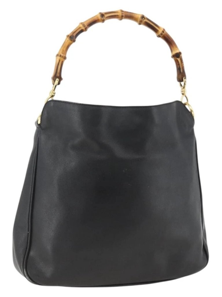 Gucci Bamboo Hand Bag Leather Black Gold 001 123 1699 Auth Ep13750